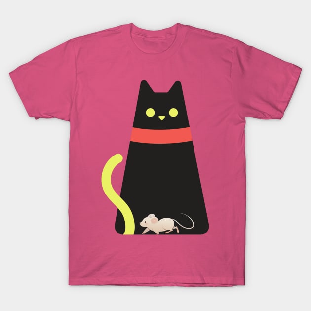 BLACK CAT WITH YELLOW TAIL AND ESCAPING FRIEND, MR. MOUSE T-Shirt by KutieKoot T's